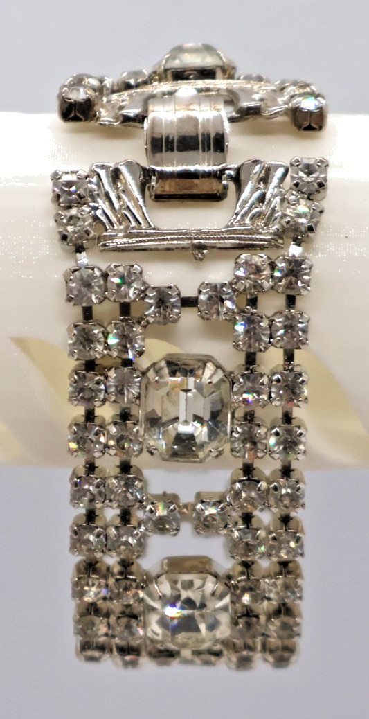 Vintage Rhinestone Bracelet w/ Multiple Rows of Rhinestones & Large Square Ones