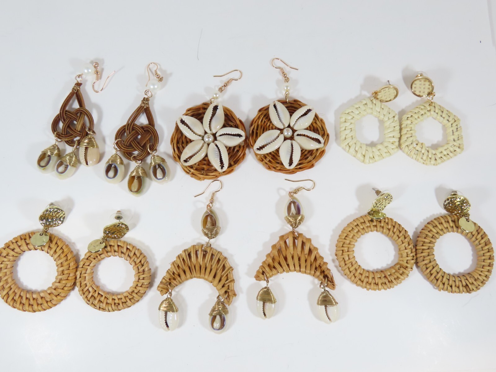 VTG Woven Wicker Wrap Rattan Dangle Drop Shell Earrings Pierced Boho Lot D2073