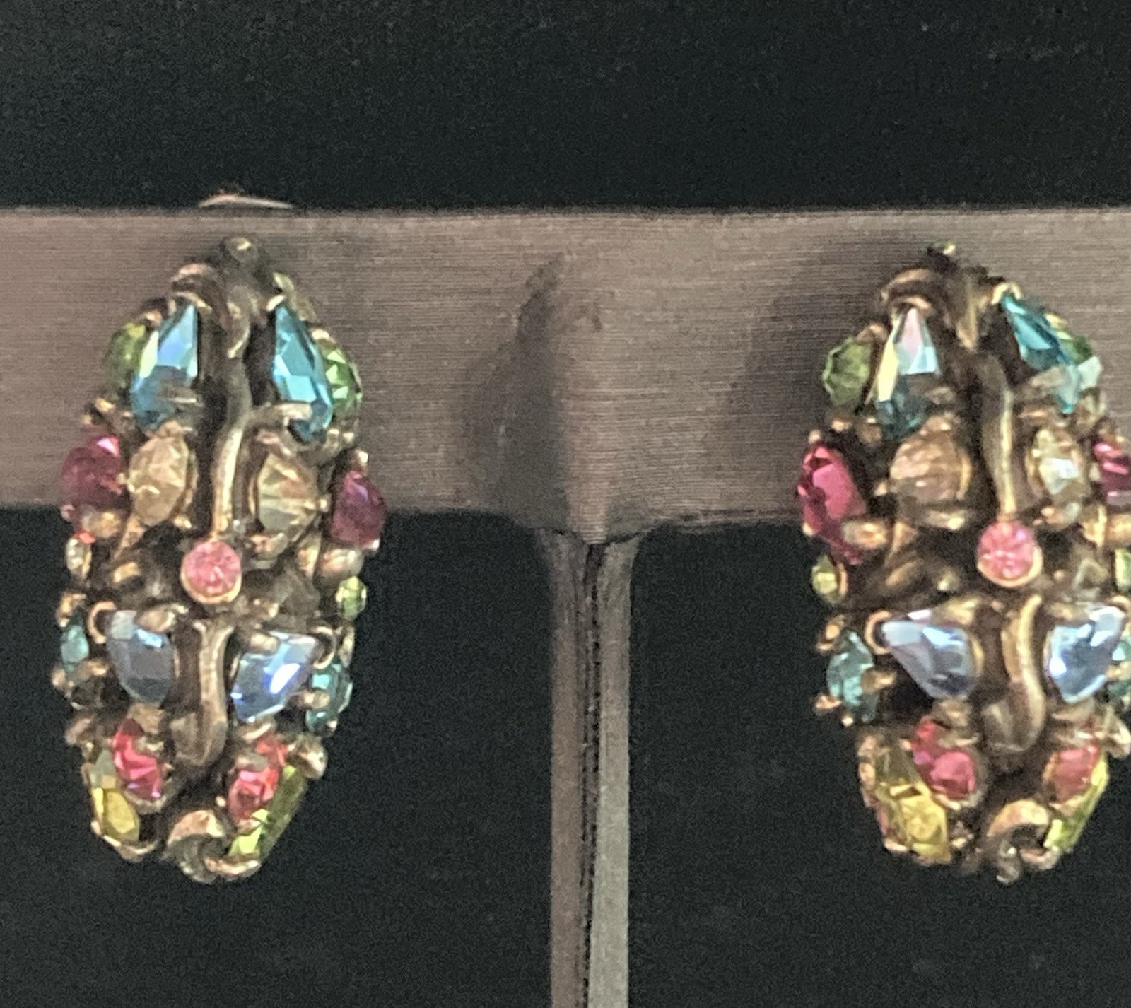 Vintage Hollycraft Clip On Earrings Rhinestones Fruit Salad half Hoop MISSING 1