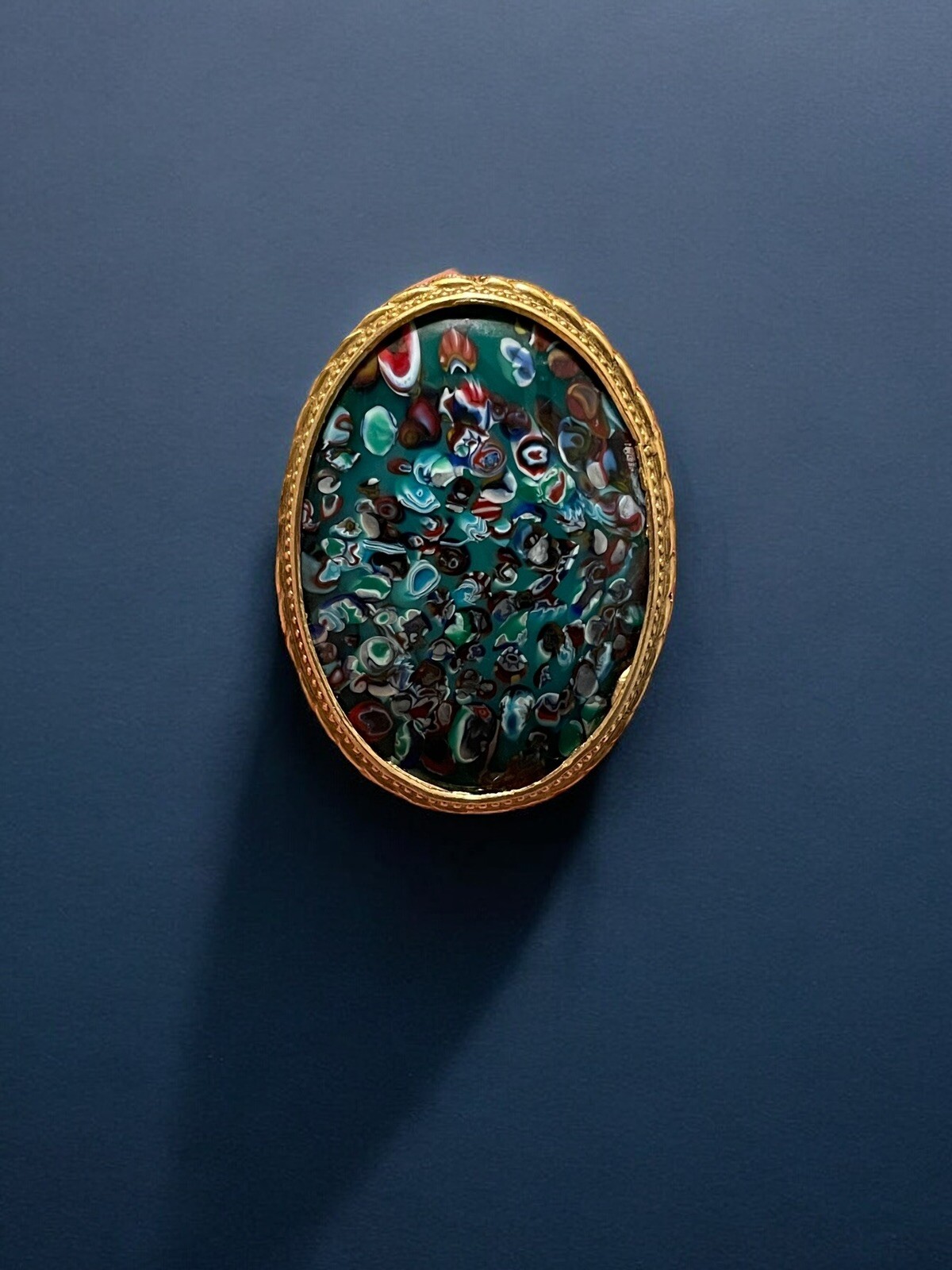 Vintage Art Glass Millefiori Look Large Statement Brooch Gold Tone Oval Frame