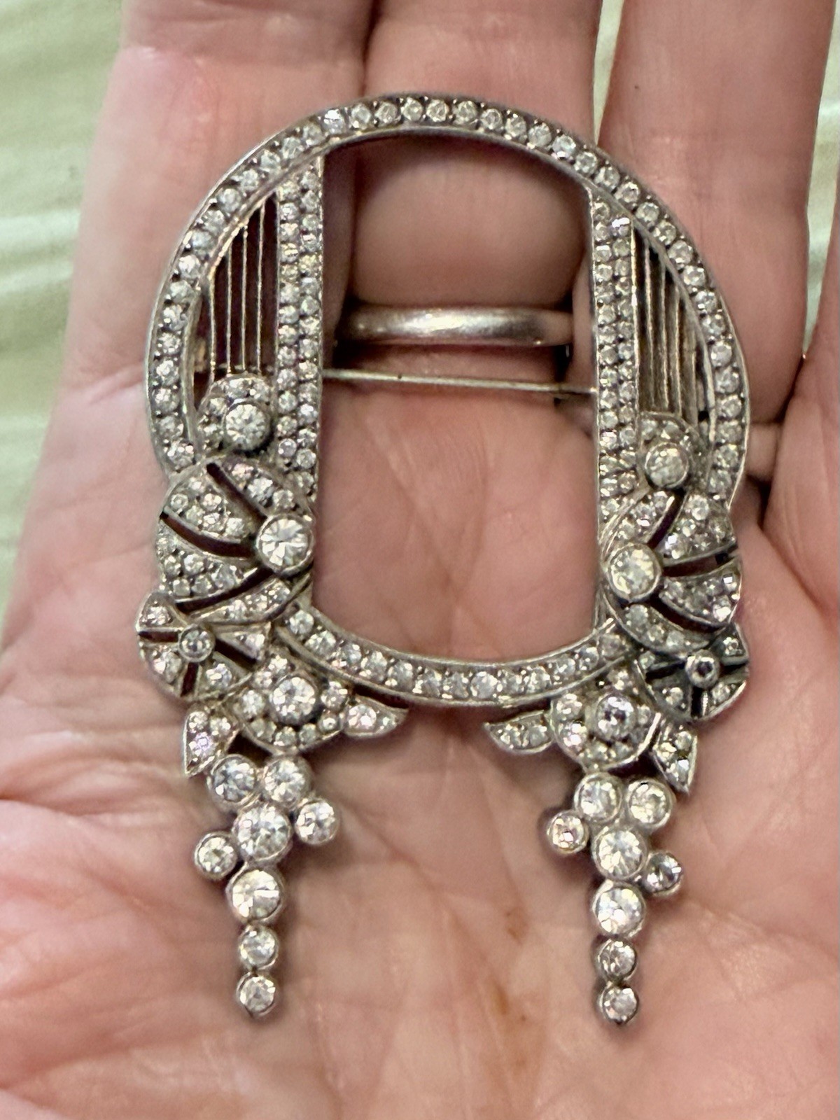 Antique Vintage French Art Deco Sterling Silver Brooch Pin Paste RS 2.5” Signed