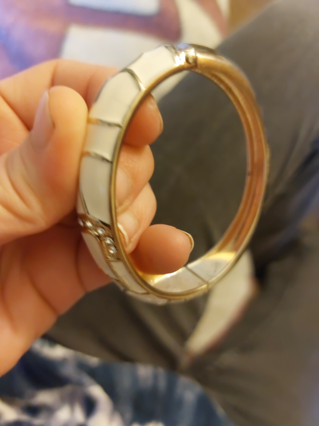 White & Silver, “S” Enamel Painted, Alloy Metal Hinged Bangle Bracelet