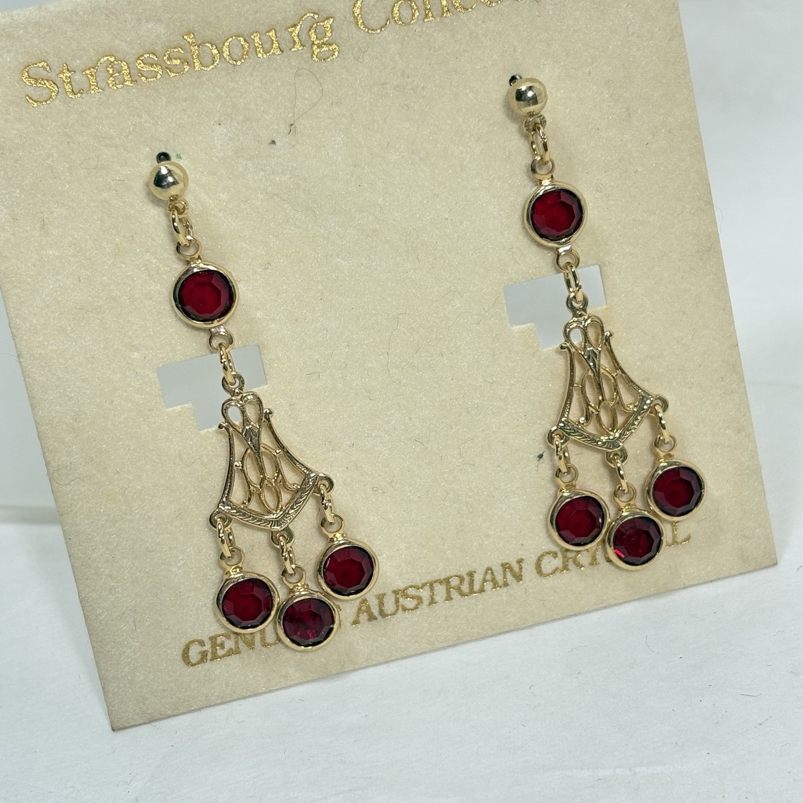 NOS Red Bezel Austrian Crystal Chandelier Earrings Pierced Post Dangle VTG 2.25″