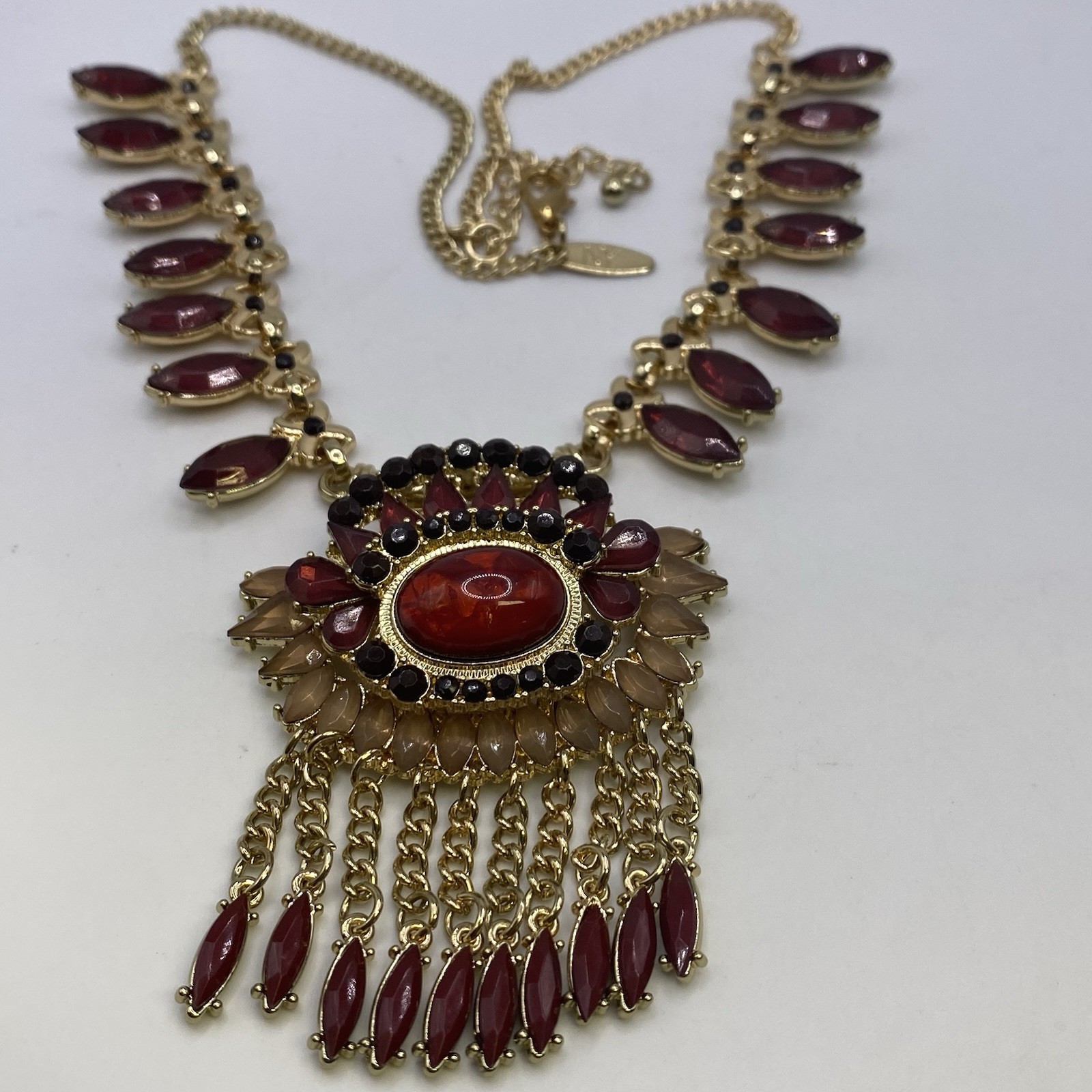 NY Signed Rhinestone Cabochon Tassel Statement Necklace Adjustable Jewelry