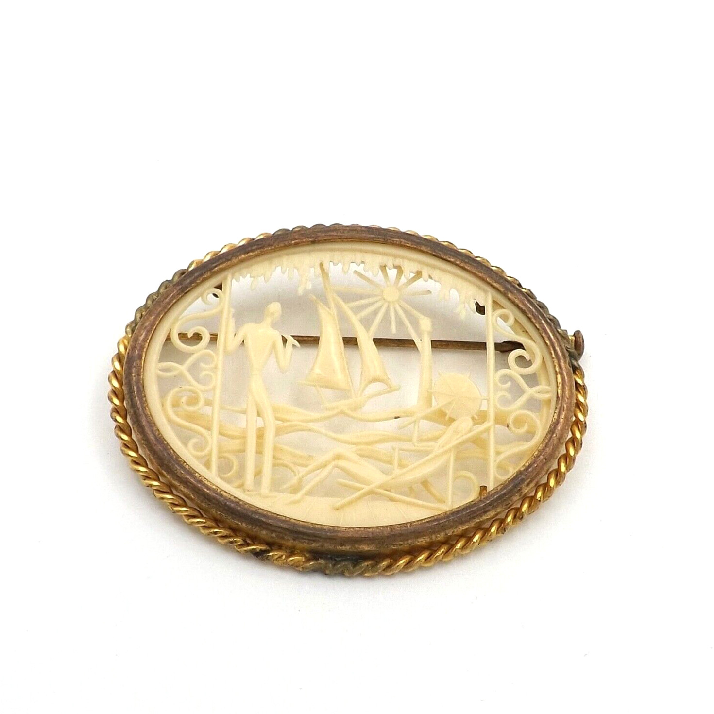 Art Deco Carved Celluloid Depose France Sailboat Beach Brooch Pin Brass Frame