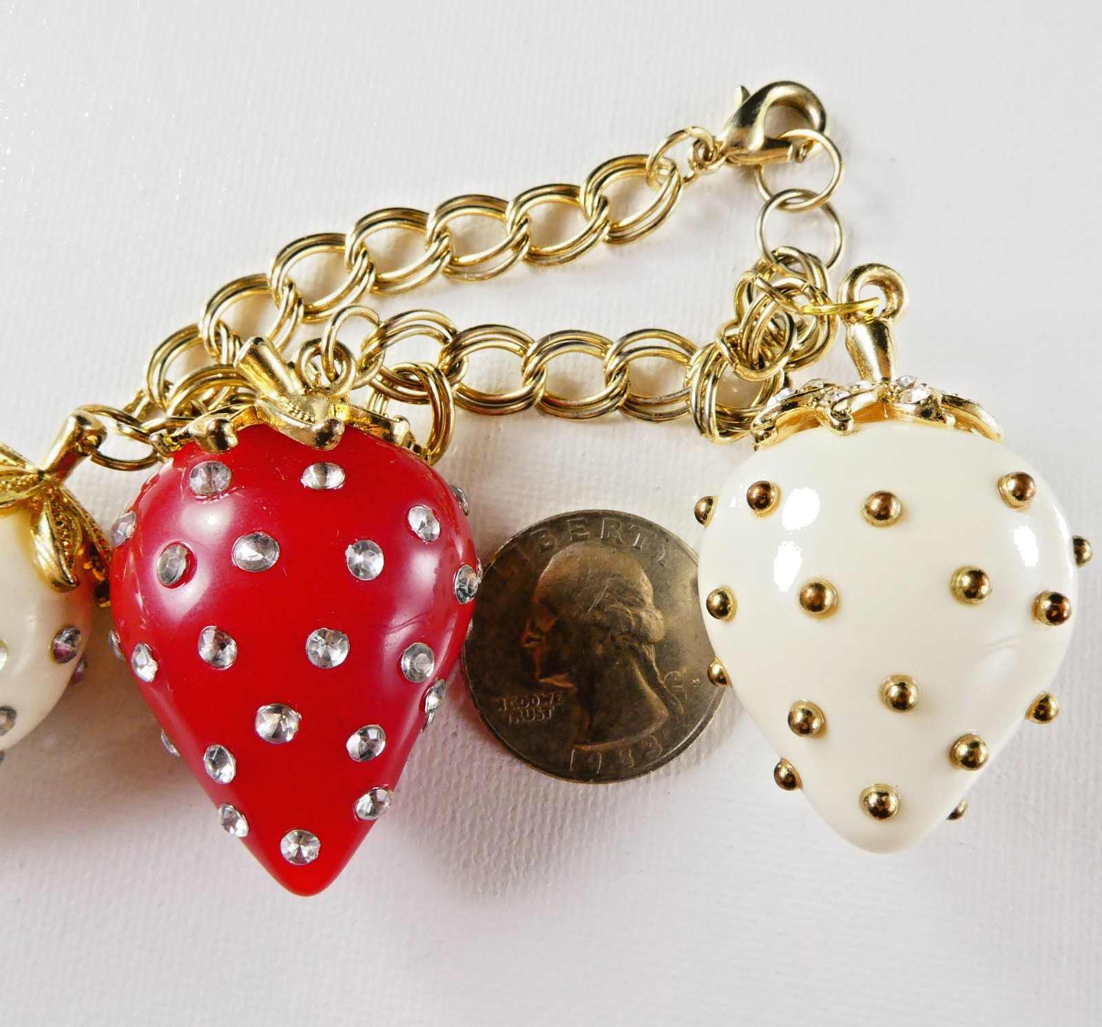 Vintage Strawberry Charm Bracelet 3 Large Charms Red White Gold Tone Double Link