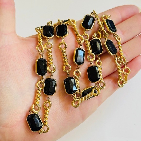 VTG Regal gold link necklace black open bezel Chicklet statement runway 90s 30″