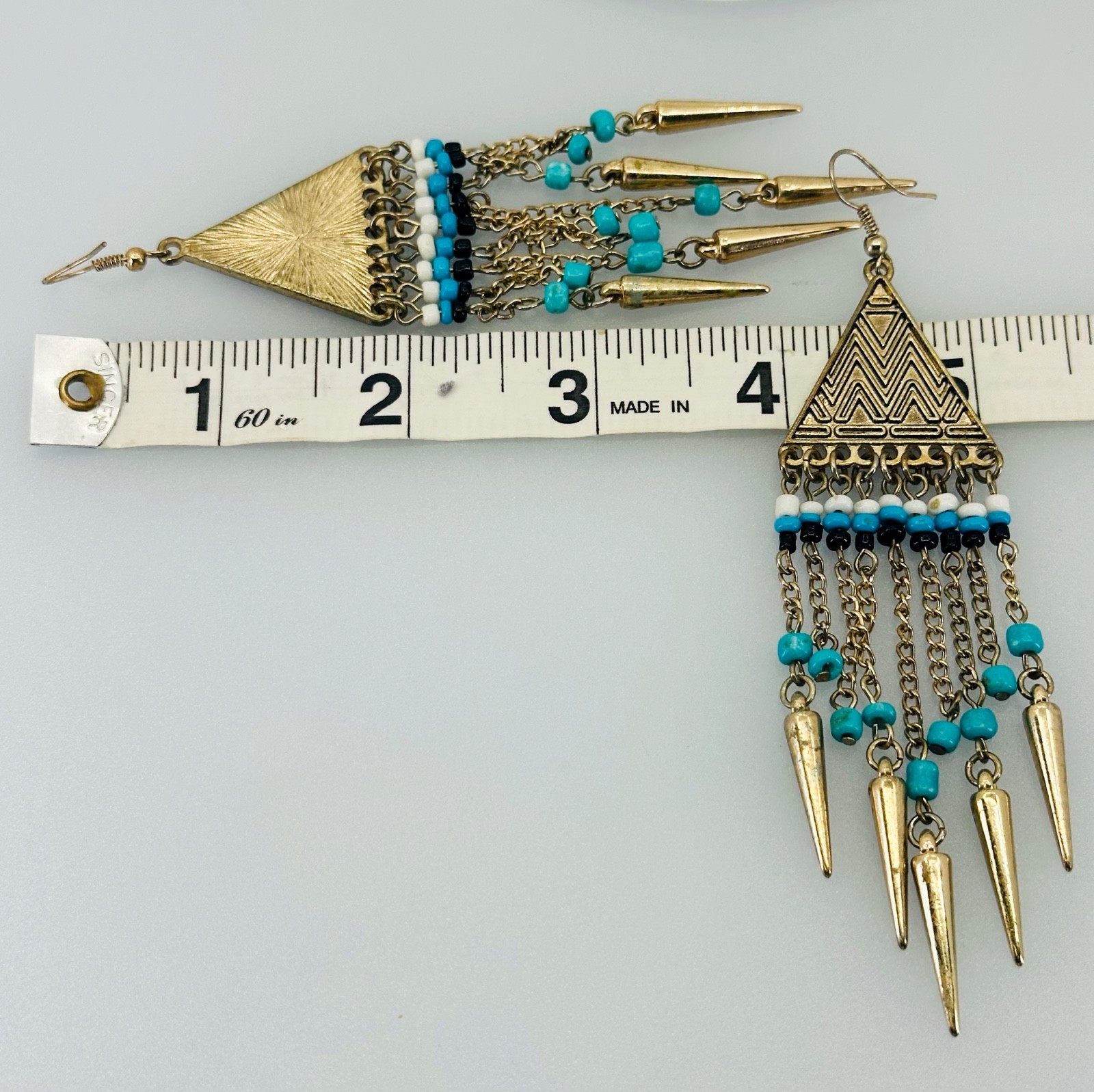 Vtg 1980s 80s Boho FRINGE Dangle Earrings Goldtone Beads Tribal Statement!