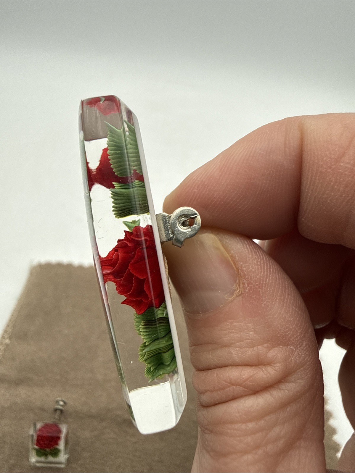 Vintage Lucite Encased Red Rose Green Leaves Screw Back Earrings & Brooch Set