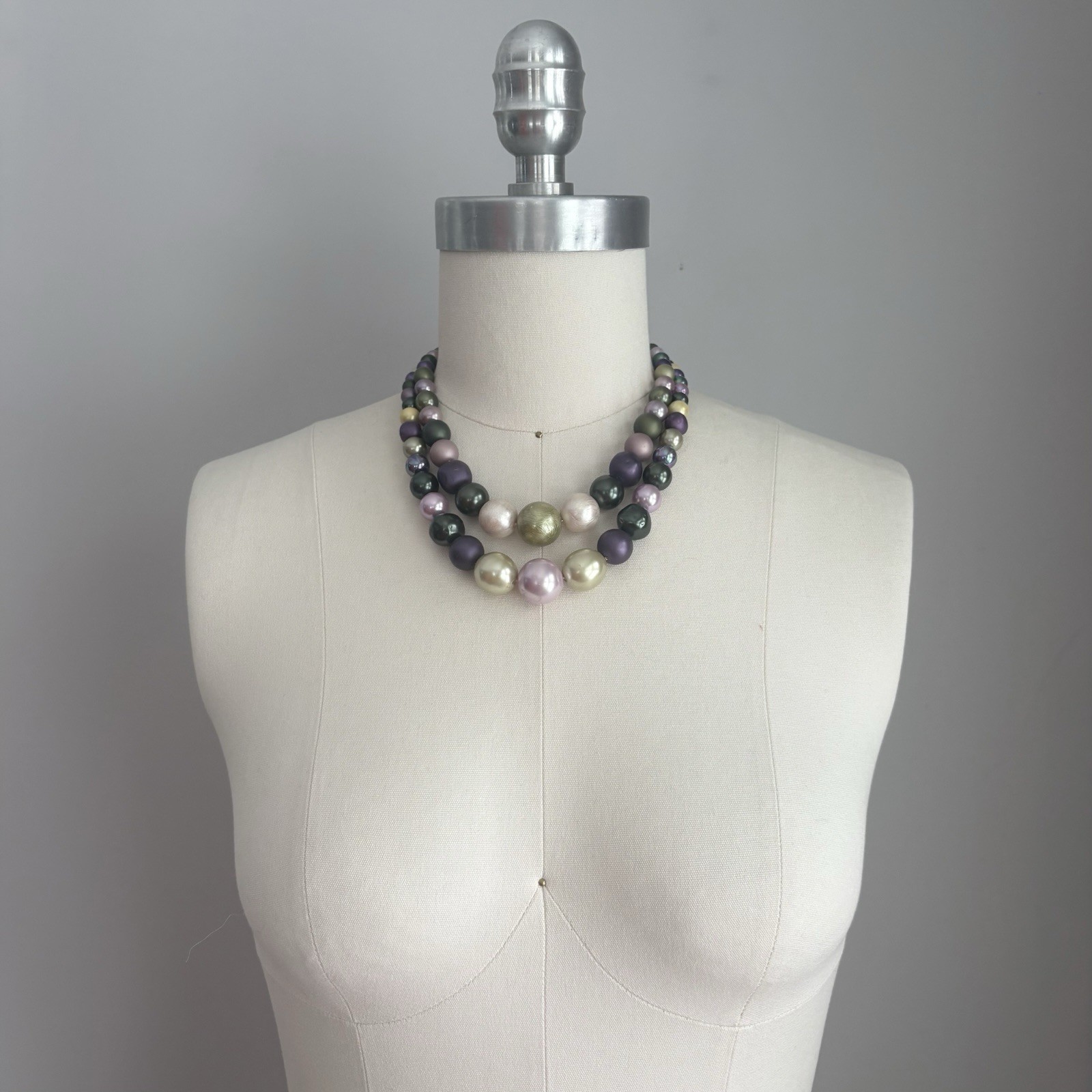 Vintage 1960’s Purple Lavender & Green Faux Pearl Double Strand Necklace