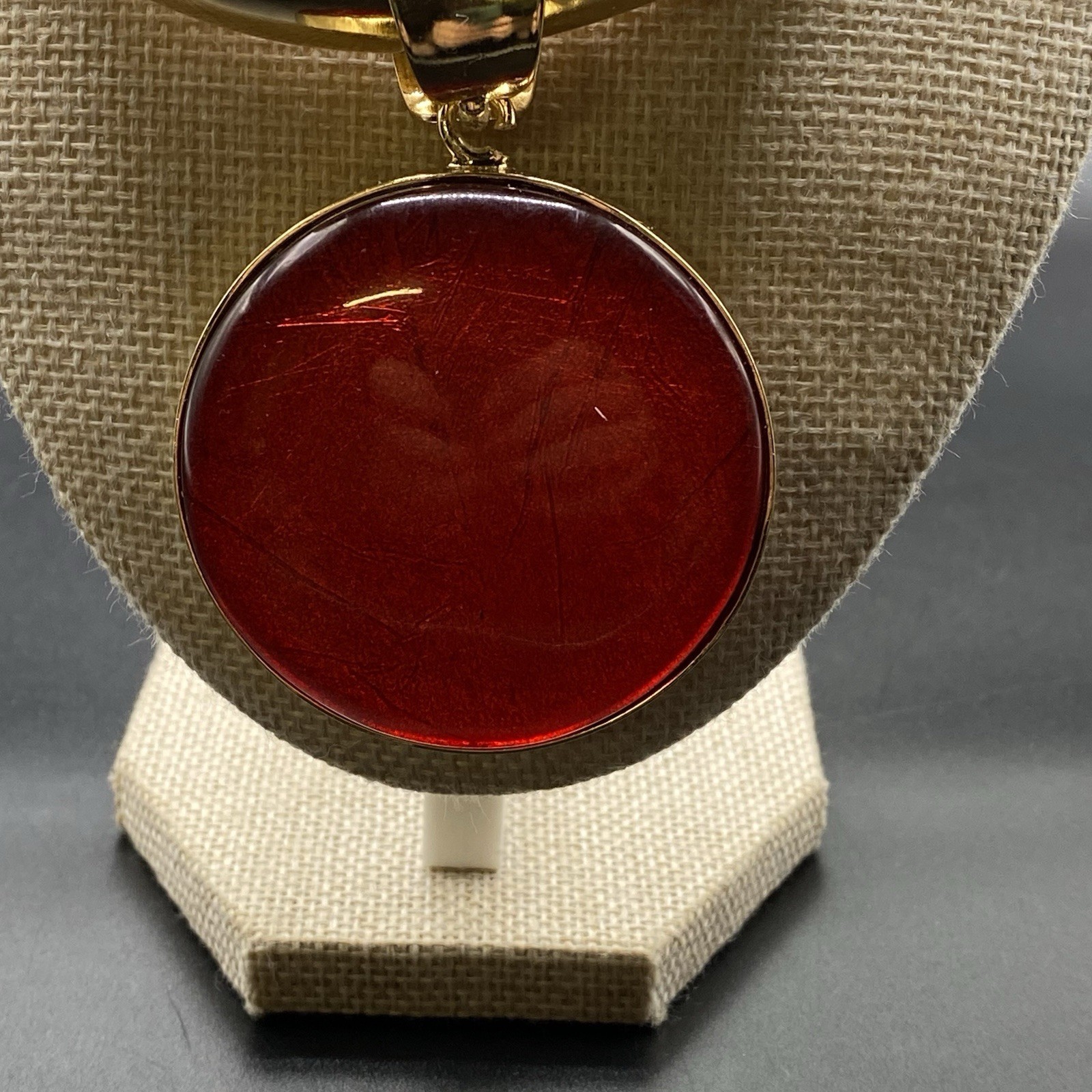 NWT Chicos Red Cabochon Necklace Medallion Large Gold Tone