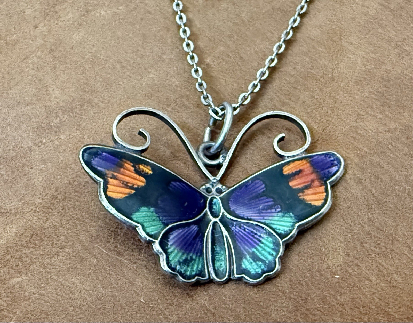 David-Andersen 925S Multi-Color Guilloche Enamel Butterfly Pendant Necklace 18”