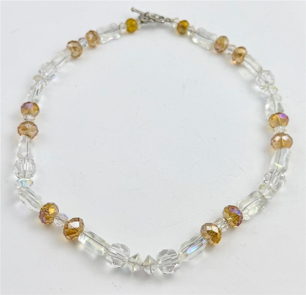 Vintage 90’s Clear & Topaz AB Crystal Glass Beads Toggle Clasp Necklace 17″ L.