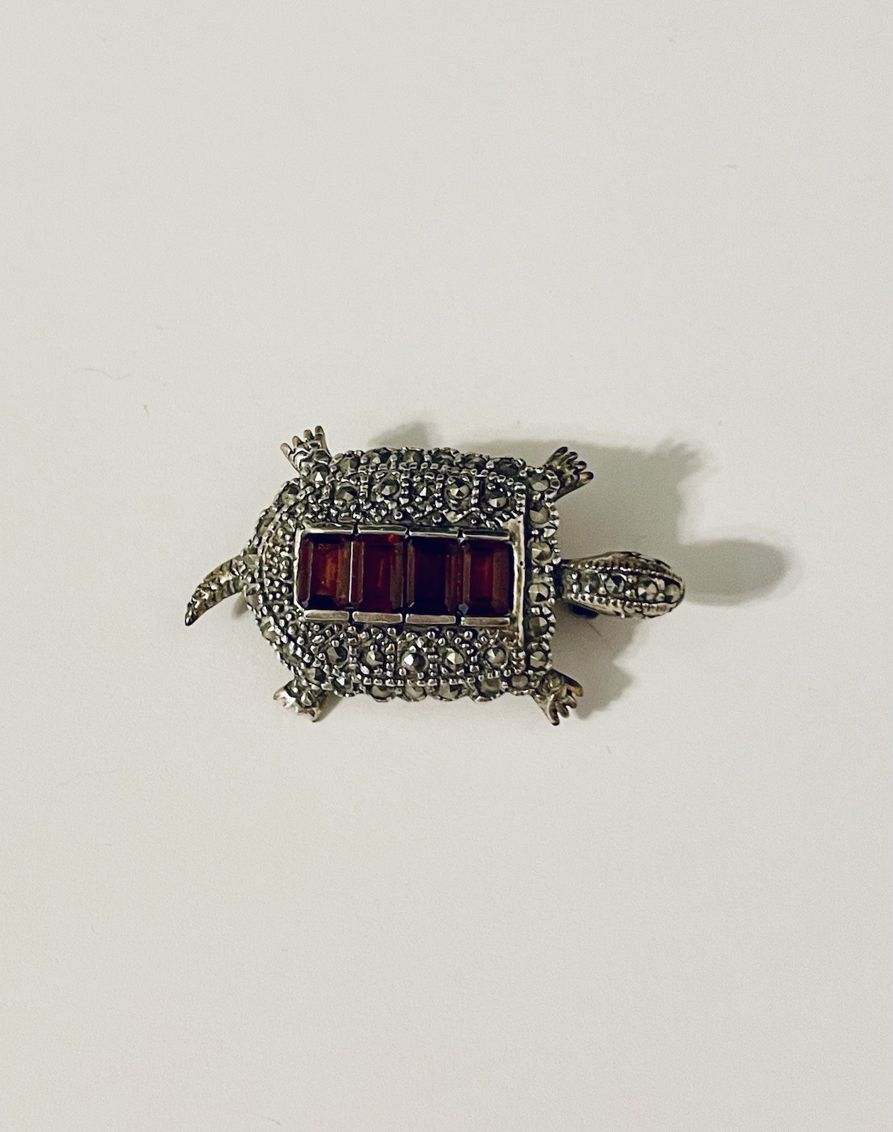 Vintage Signed Sterling Silver 925 TURTLE Red Stones Brooch Pin Fine Jewelry