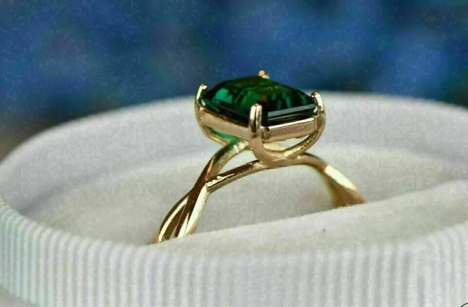 Art Deco Style Emerald Lab Created Diamond 14K Yellow Gold FN Anniversary Ring