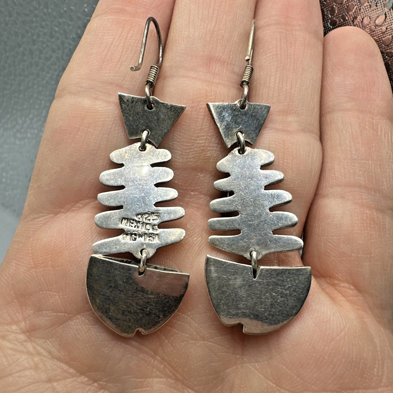 Vtg Taxco Sterling Silver Articulated Skeleton Bone Fish Dangle Earrings 15.9g
