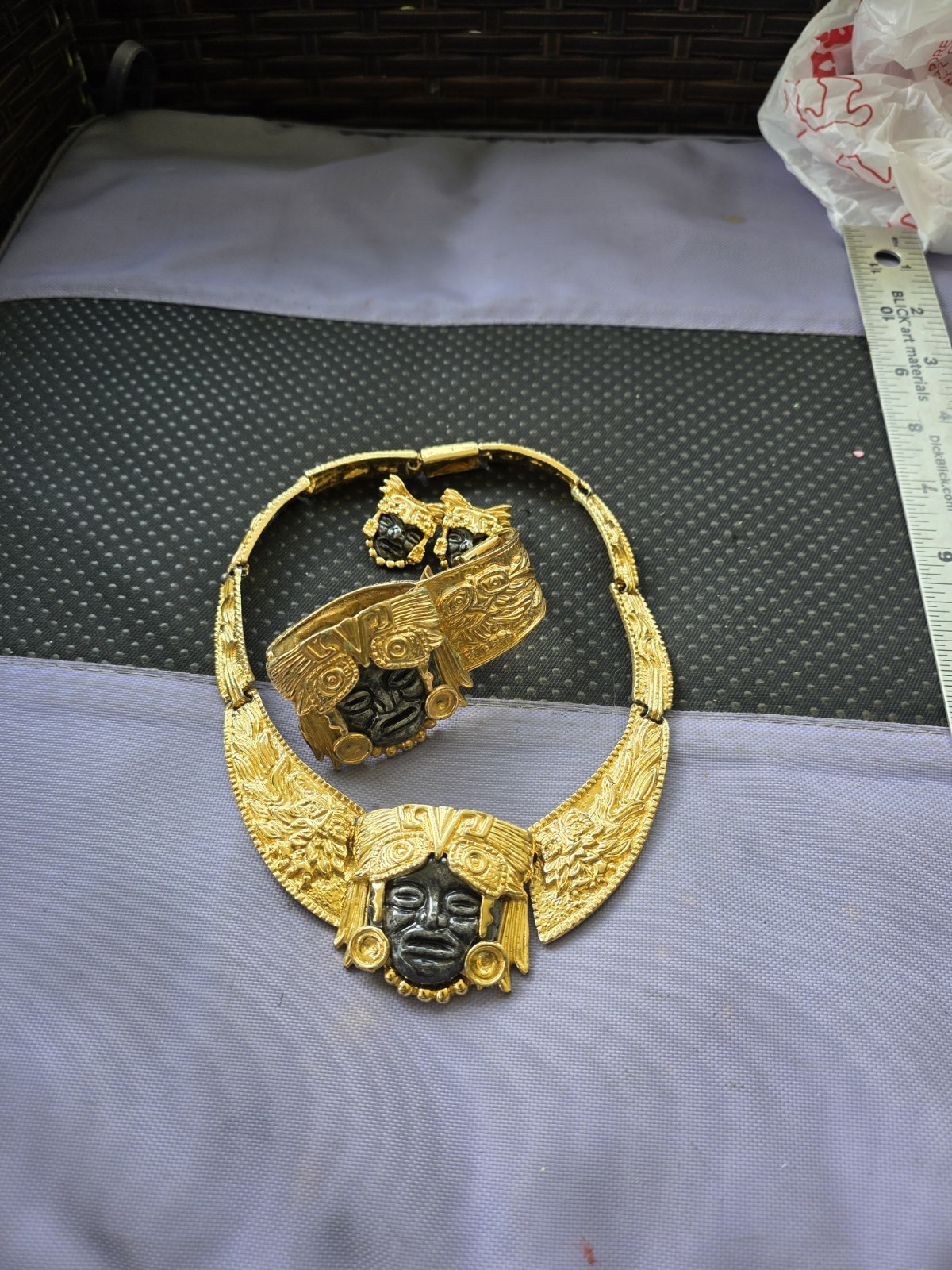Salvador Teran for Marbel Mexico Necklace Set Aztec Maya 22k Plated Pre Owned #7