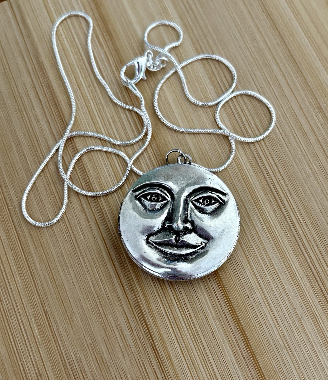 Full Moon Face Locket Necklace Sterling Silver Chain Secret Pillbox Vtg Pendant