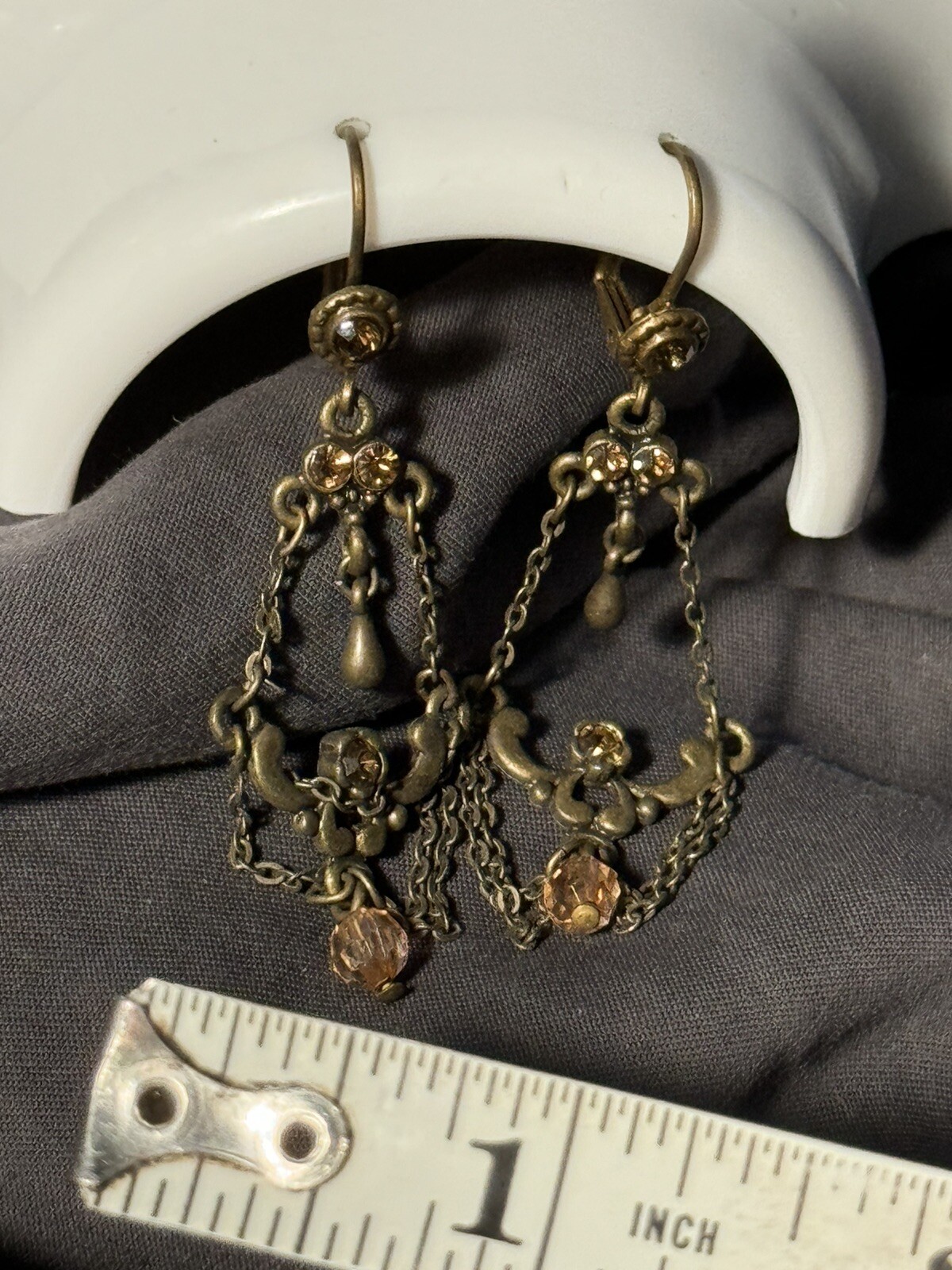 Antique Chandelier Peach Beads Earrings Alloy Metal Self Clasp Beautiful 2inch