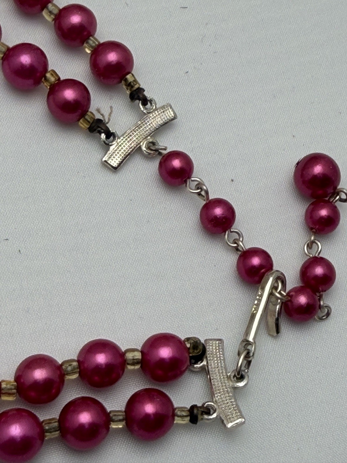 Vintage Japan Made Marked Pink & Red Three Strand Draping Beaded Necklace