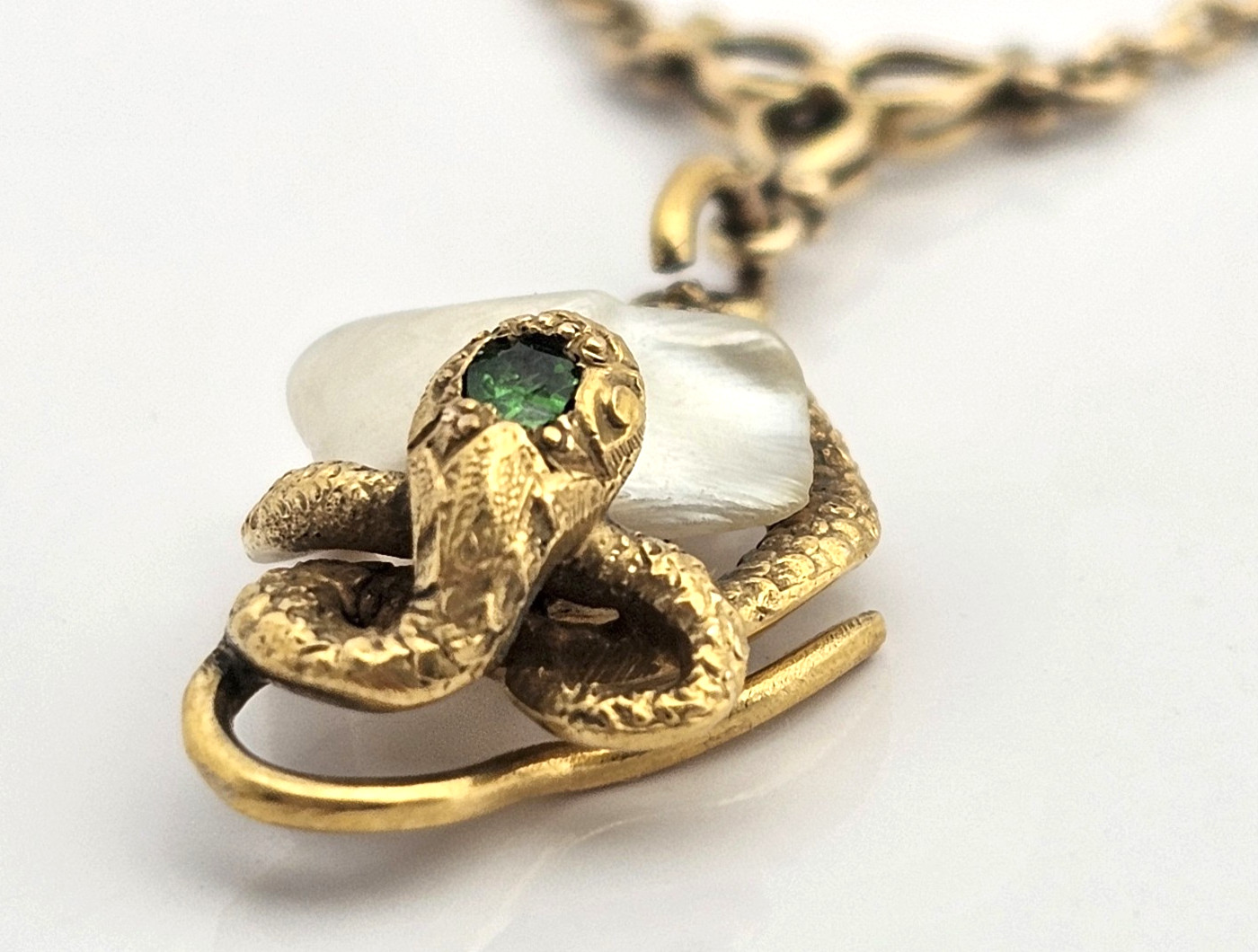 14K Gold Art Nouveau Demantoid Garnet Pearl Snake Serpent Necklace Antique 22in