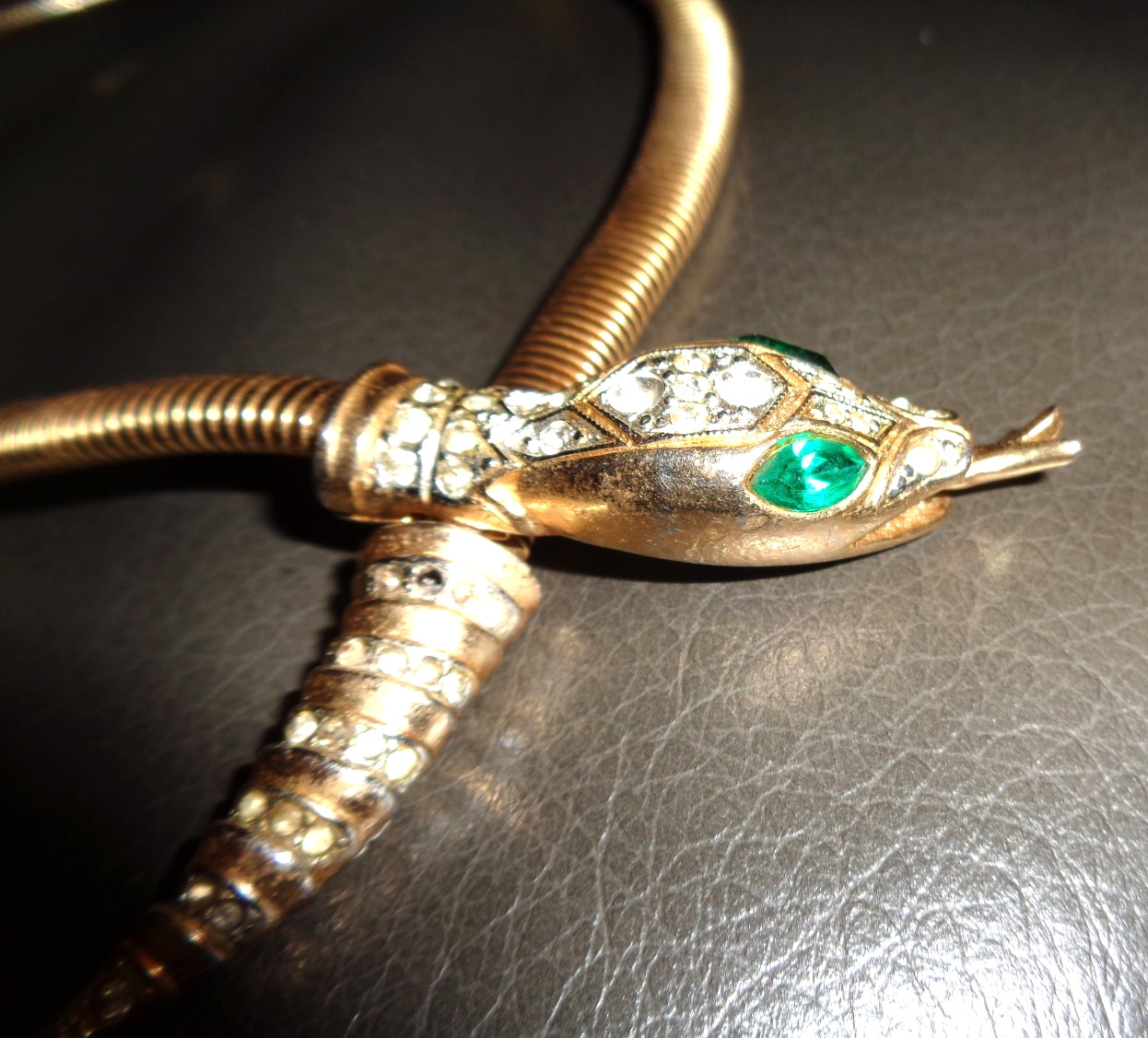 Vintage Coro Snake Choker Necklace Green Eyes “Missing a few Rinestones”