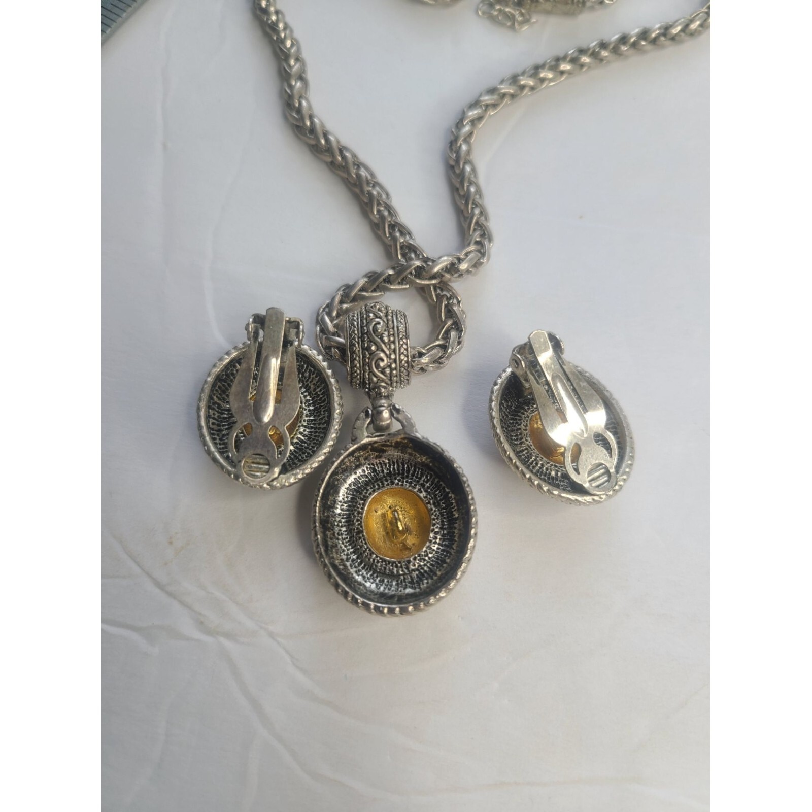 Vintage Avon Bohemian Silver & Gold Tone Jewelry Set Necklace & ClipOn Earrings