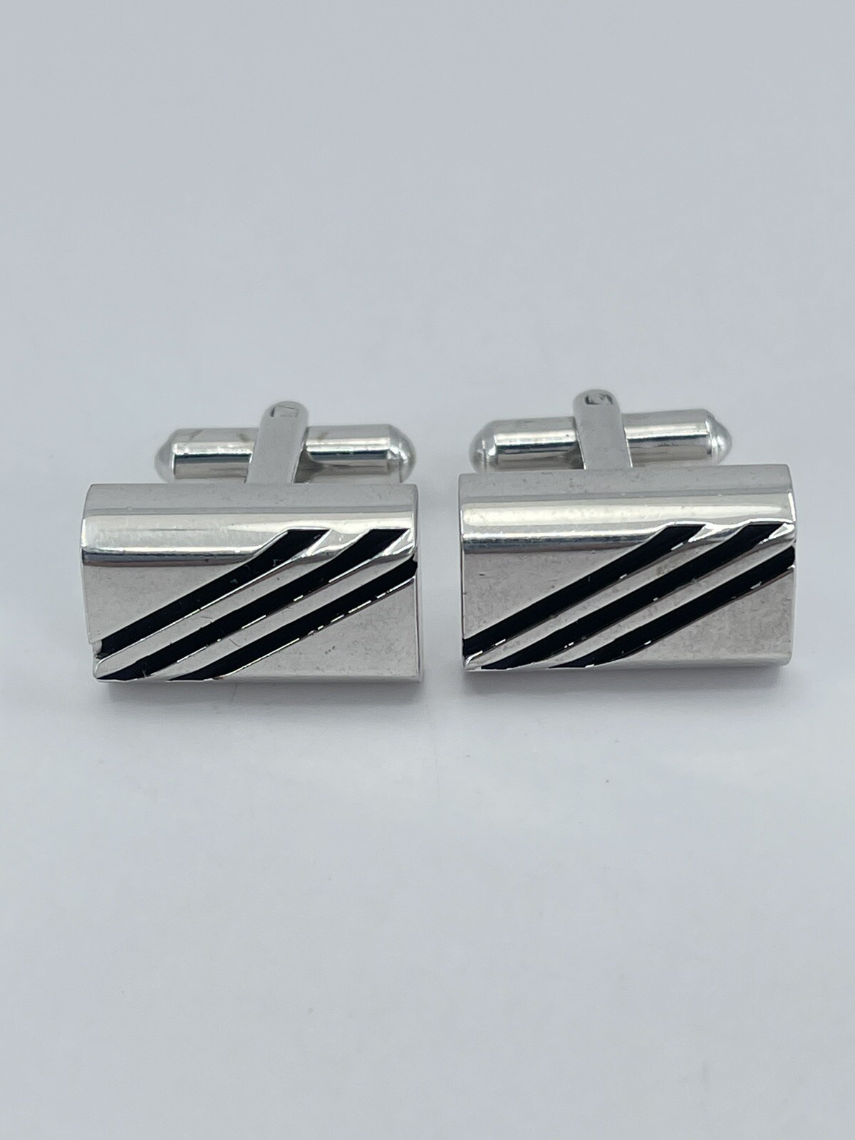 Cufflinks Rectangle Silver tone with horizontal black enamel lines