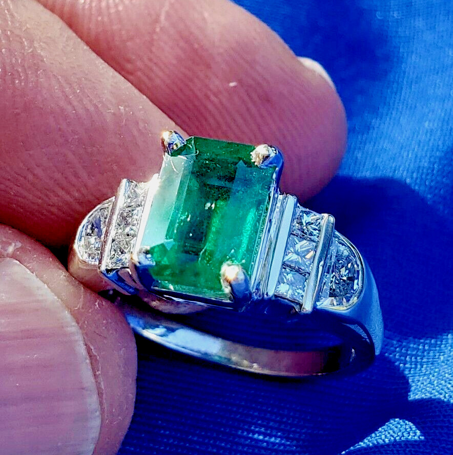 Original EARTH MINED EMERALD DIAMOND Deco Engagement Ring 14K GOLD Solitaire S 7