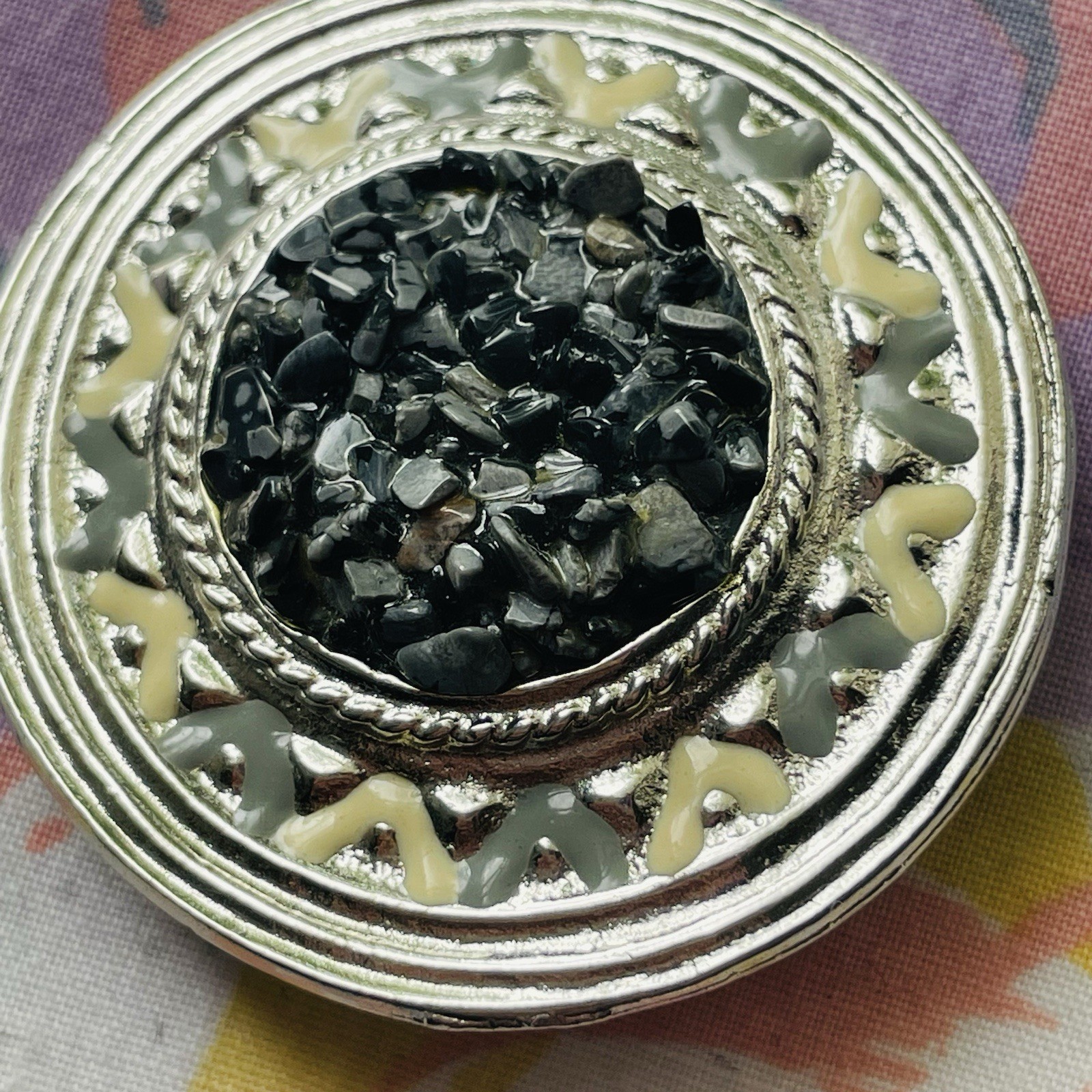 Vintage Gray And Silver Tone Painted Brooch Metal And Stones