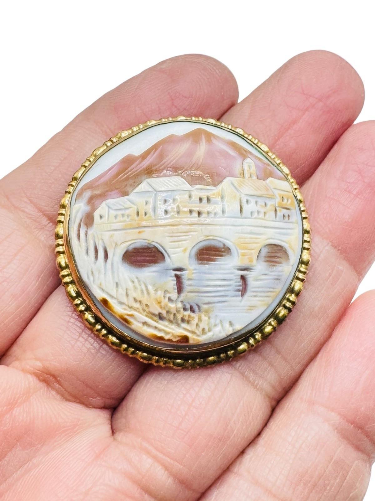 Vintage Gold Filled? Scenic Carved Shell Cameo Brooch Beautiful
