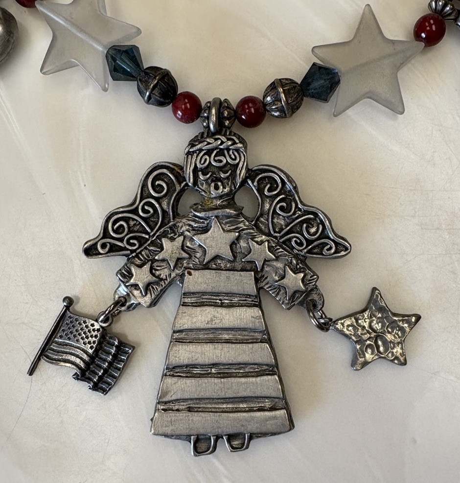 Marcie Signed 27” Pewter Charm & Beads Necklace PATRIOTIC Angel Picnic Sunflower