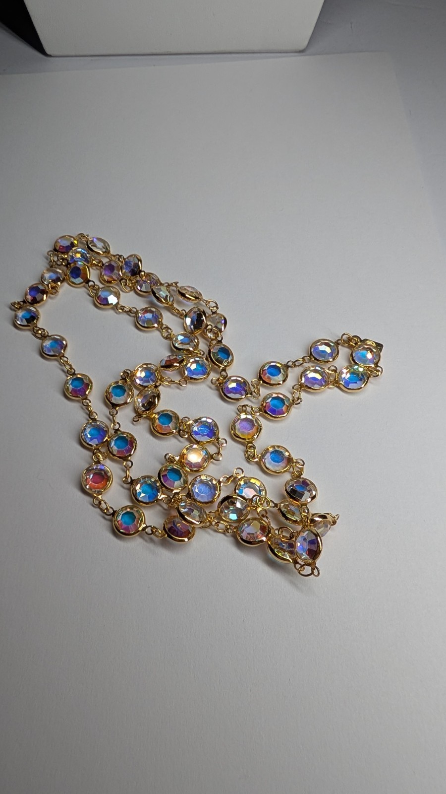 Vintage SWAROVSKI aurora borealis crystal open back bezel set necklace 36″