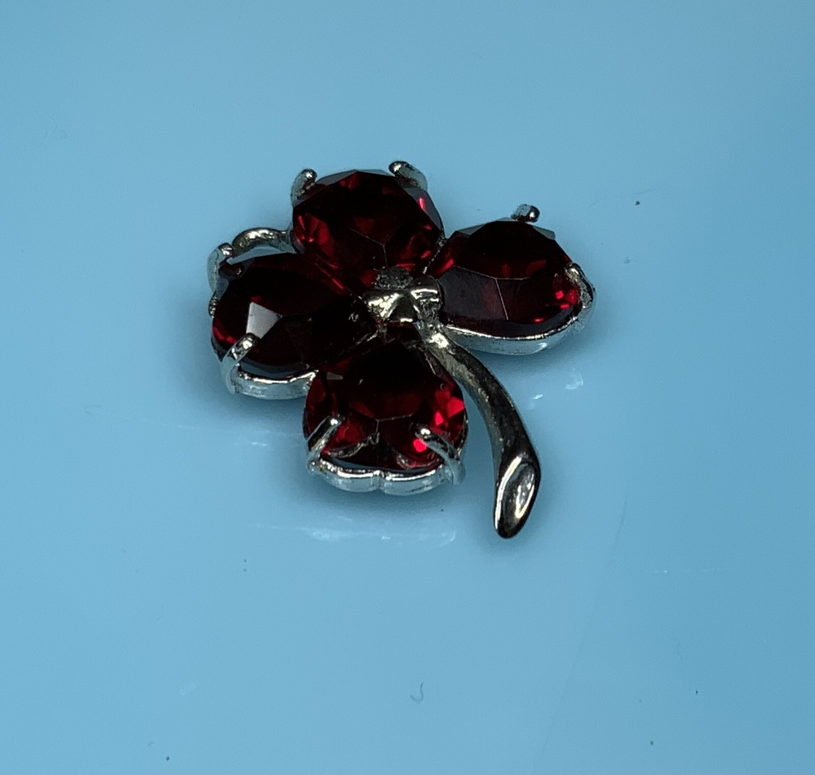 Vintage Sterling Silver- Four Leaf Clover Lucky Charm w/ Red Rhinestone Hearts