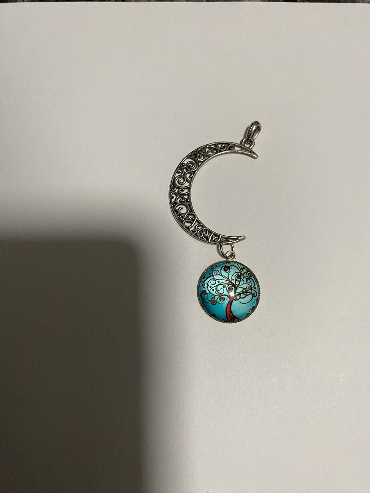 Vintage Crescent Moon With Tree Of Life Pendant, Silver Tone