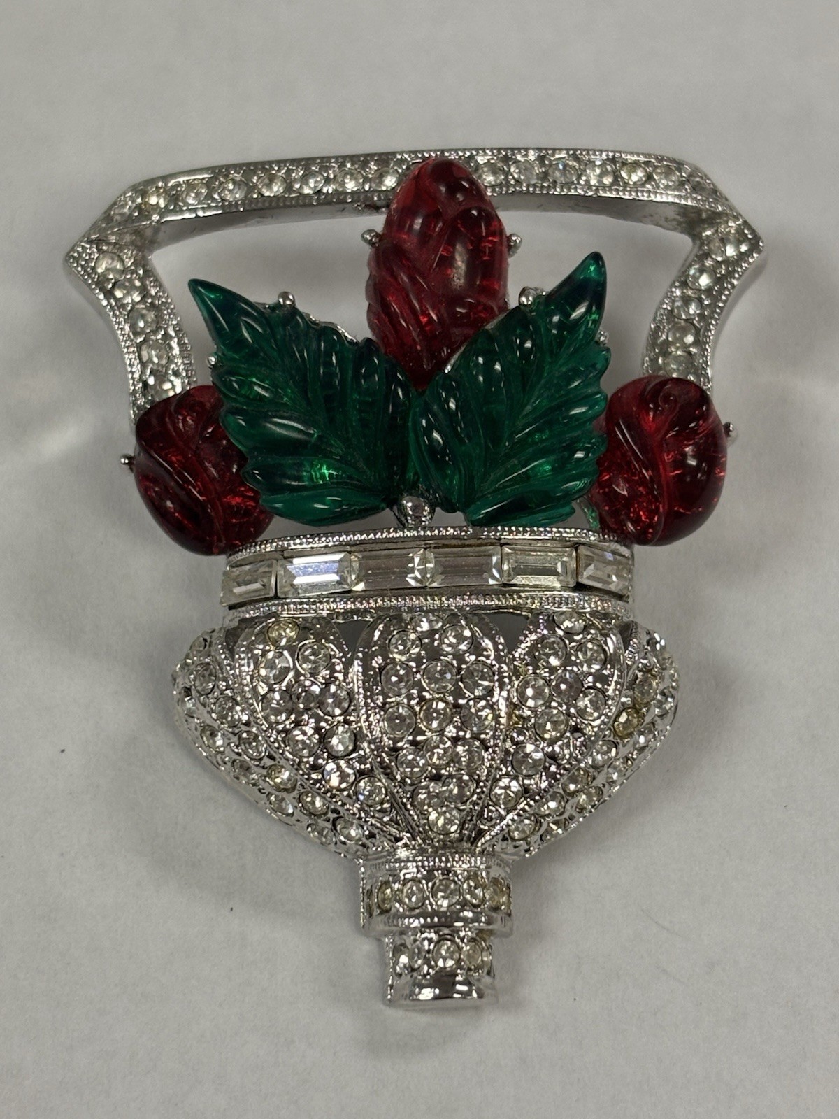 RARE Signed ART DECO 89 Floral Basket Brooch Pin Rhinestone Resin UNWORN HTF