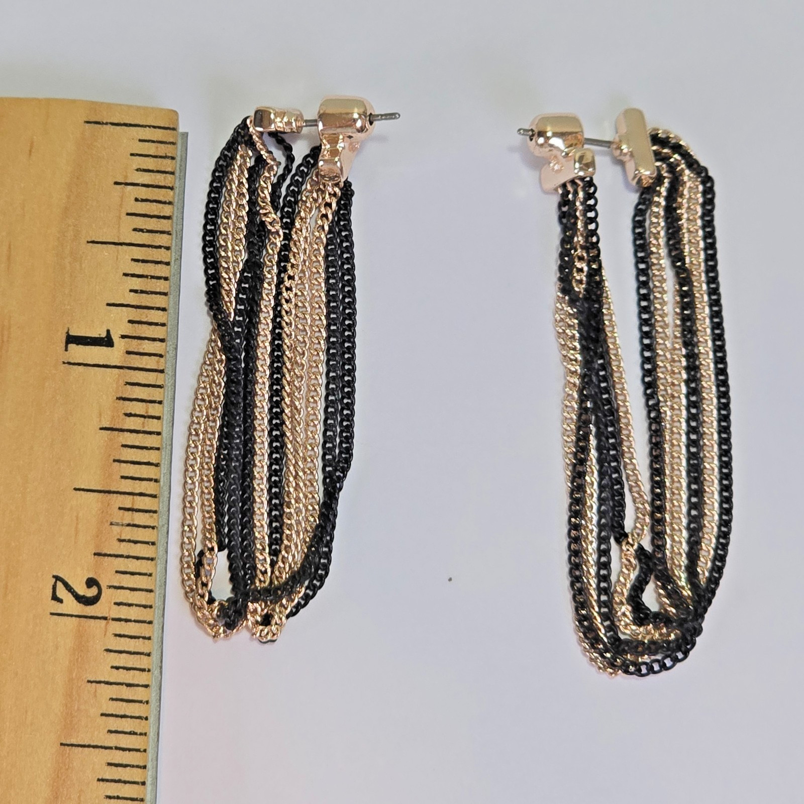 Black Gold Tone Multi Strand Tassel Necklace Bracelet Hoop Earrings Jewelry Set
