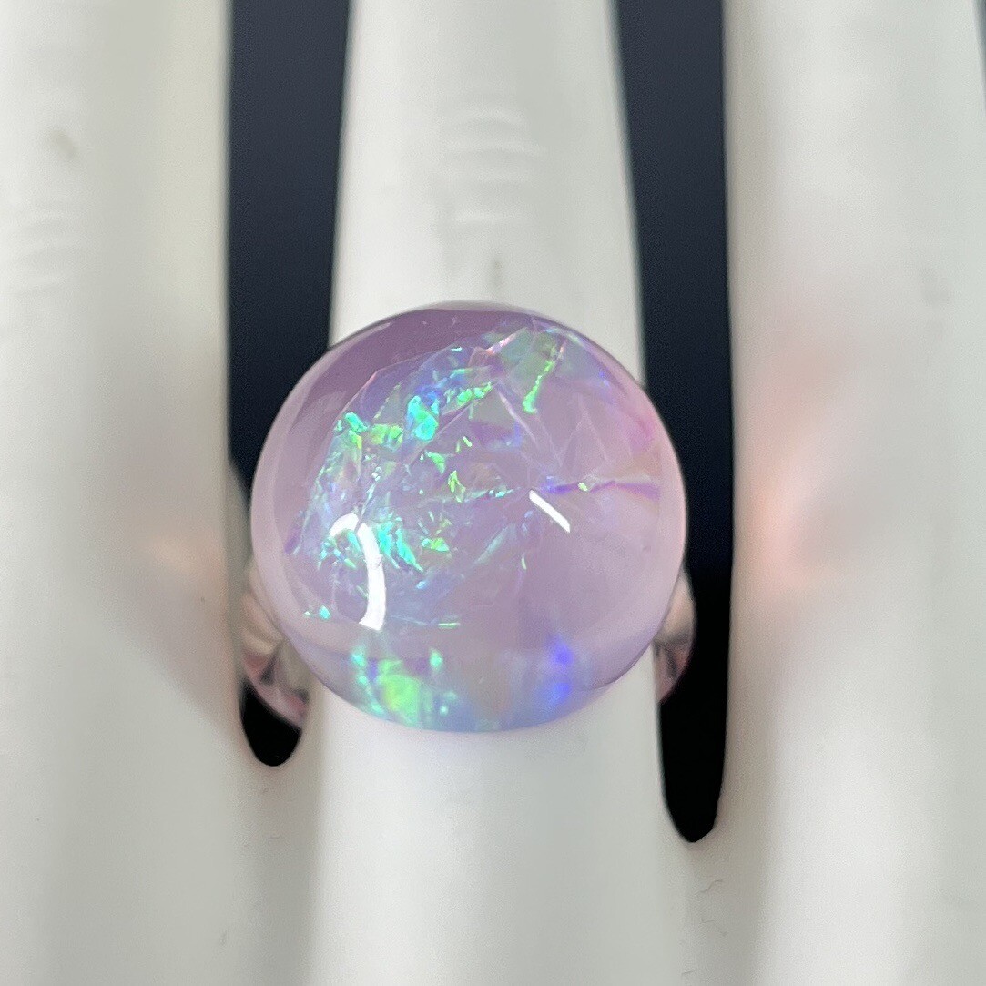Pink Clear Lucite Dome Ring Size 7.75-8 Iridescent Opalescent Retro Moon Ring