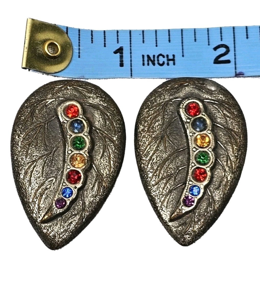 Antique Art Deco Bejeweled Metal Leaf Clip On Earrings | Appr 1.5″L & .75″W
