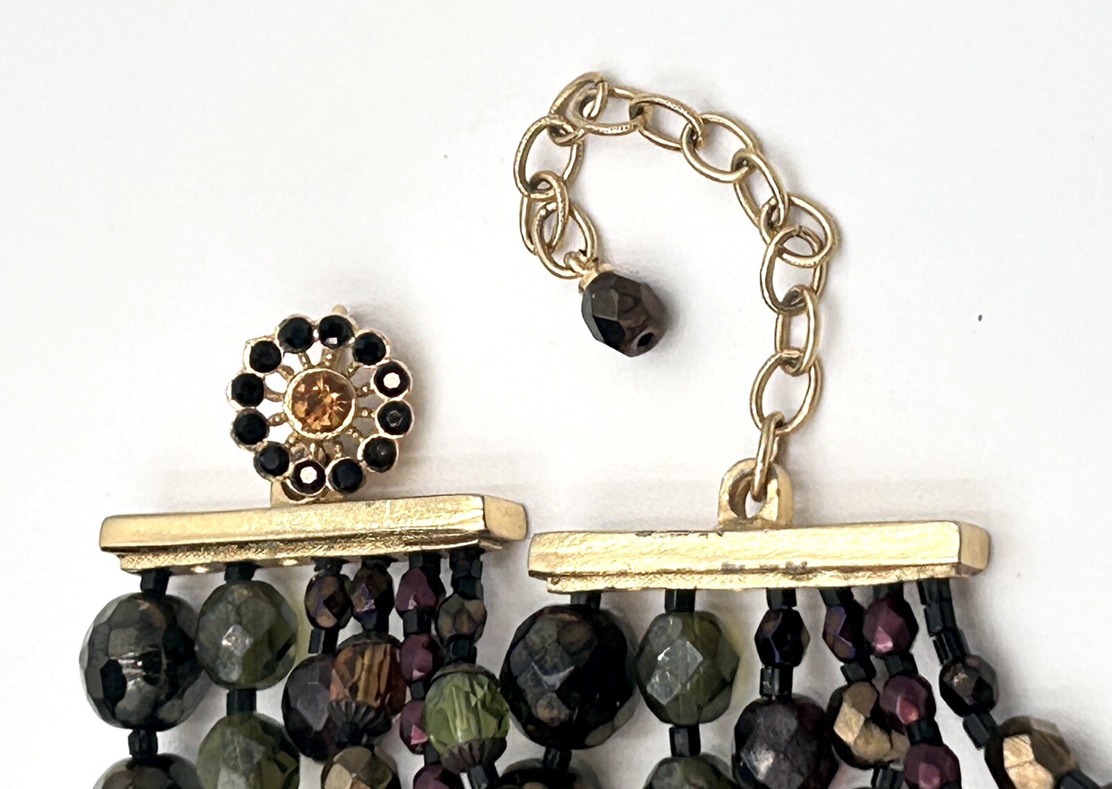 VTG Multi Strand GOLD FUMED Brown CRYSTAL NECKLACE Rhinestone Hook Clasp 1969