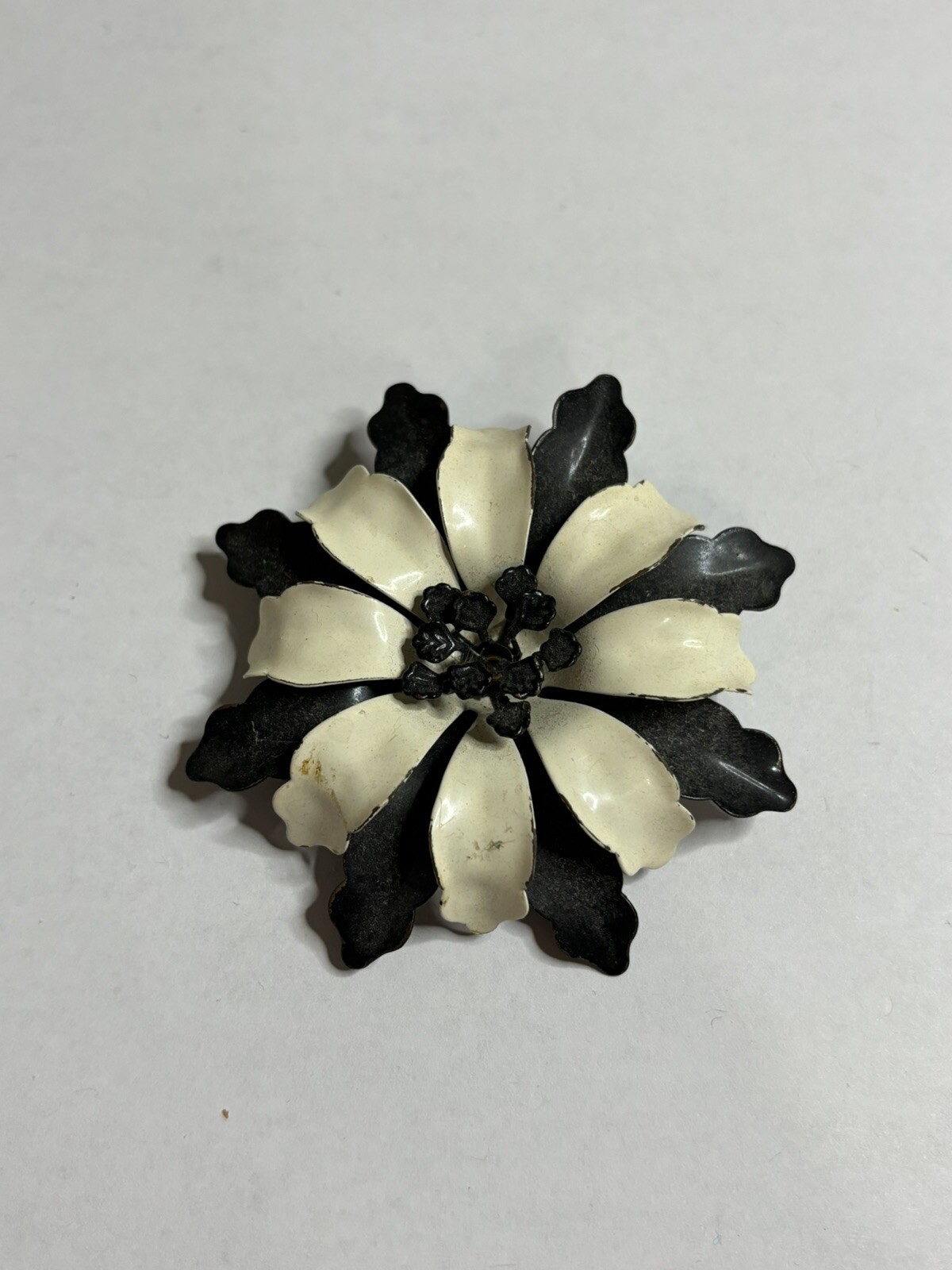 Vintage Large Enamel Black And White Flower Brooch Pin