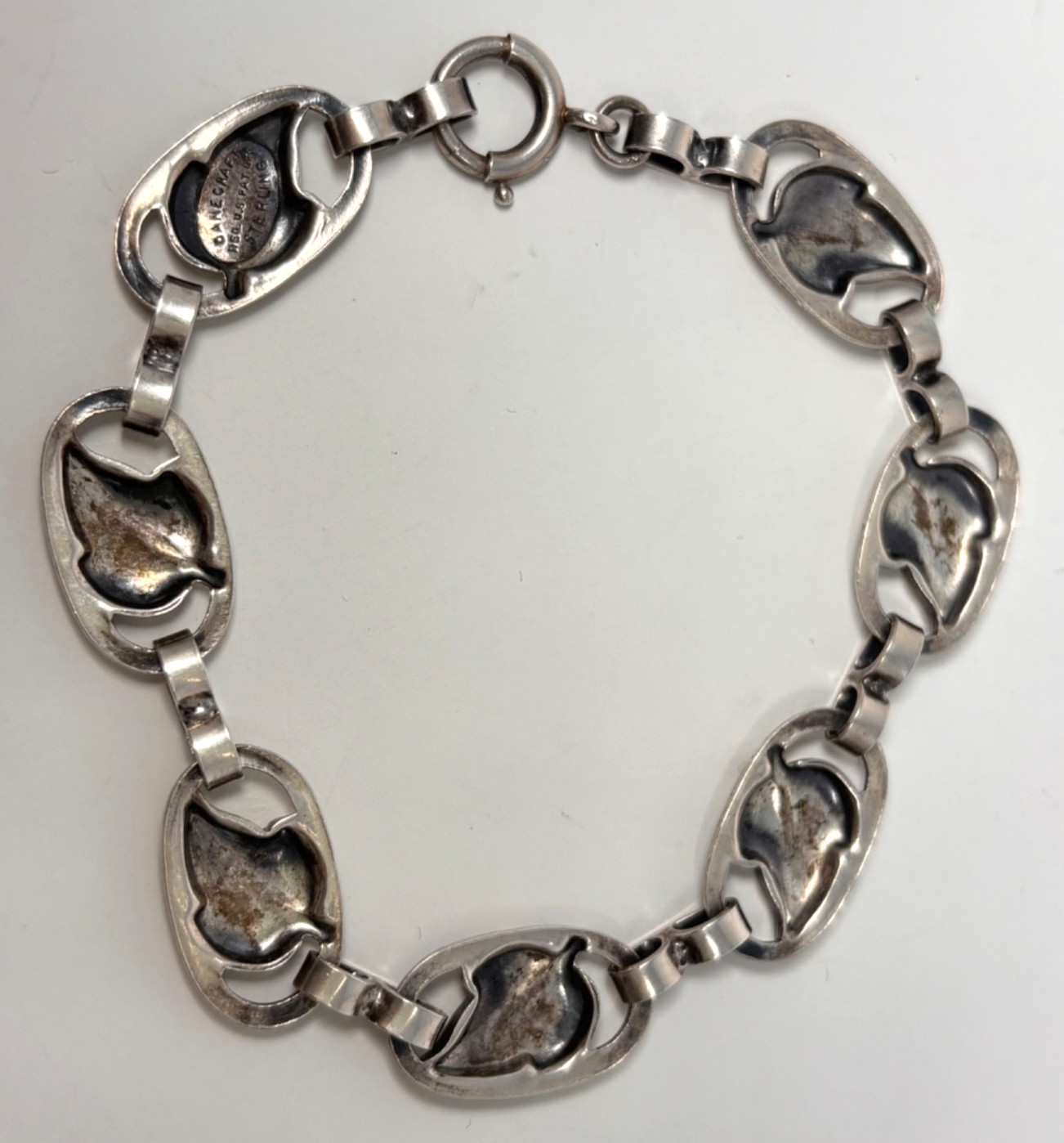 Vintage Danecraft Bracelet Sterling Silver Oval Repoussé Leaf Links 7 Inch MCM