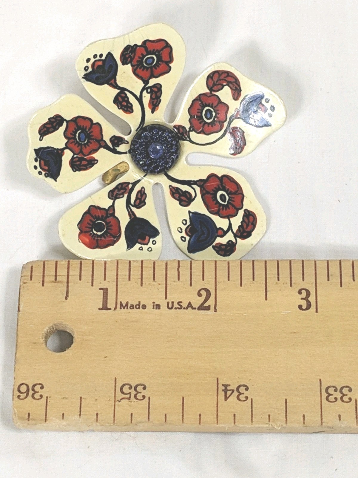 W Germany Flower Brooch Ceramic Hand Painted Traditional Floral Design Red Blue