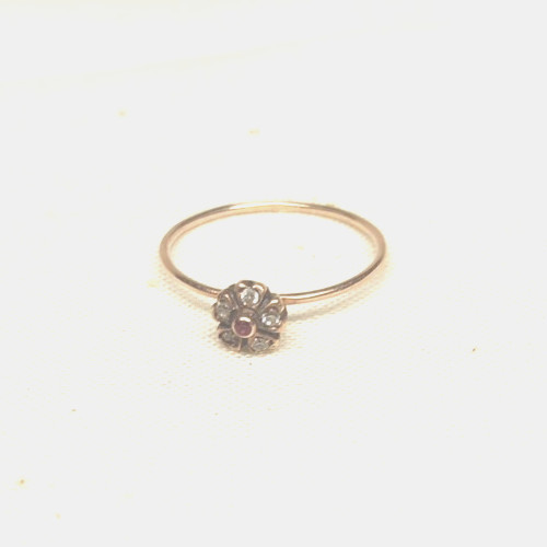 Antique Georgean 10K Gold Minimalist Flower Ring Mine Cut Diamonds Garnet