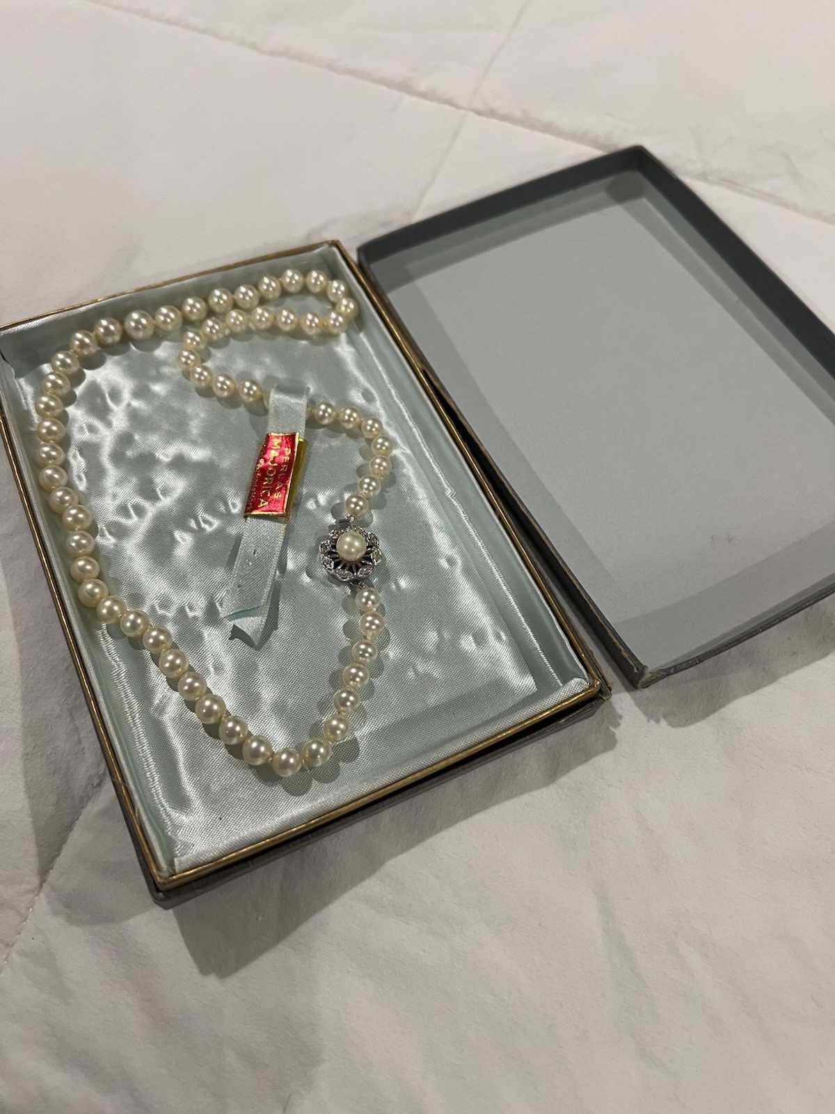 VINTAGE MAJORICA PEARL NECKLACE STERLING/RHINESTONE CLASP 18” 6MM /ORIGINAL BOX