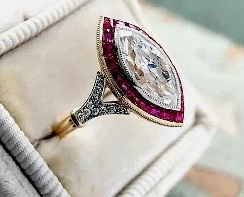 Art Deco Style Marquise Cut Lab Created Diamond 14K Yellow Gold FN Birthday Ring