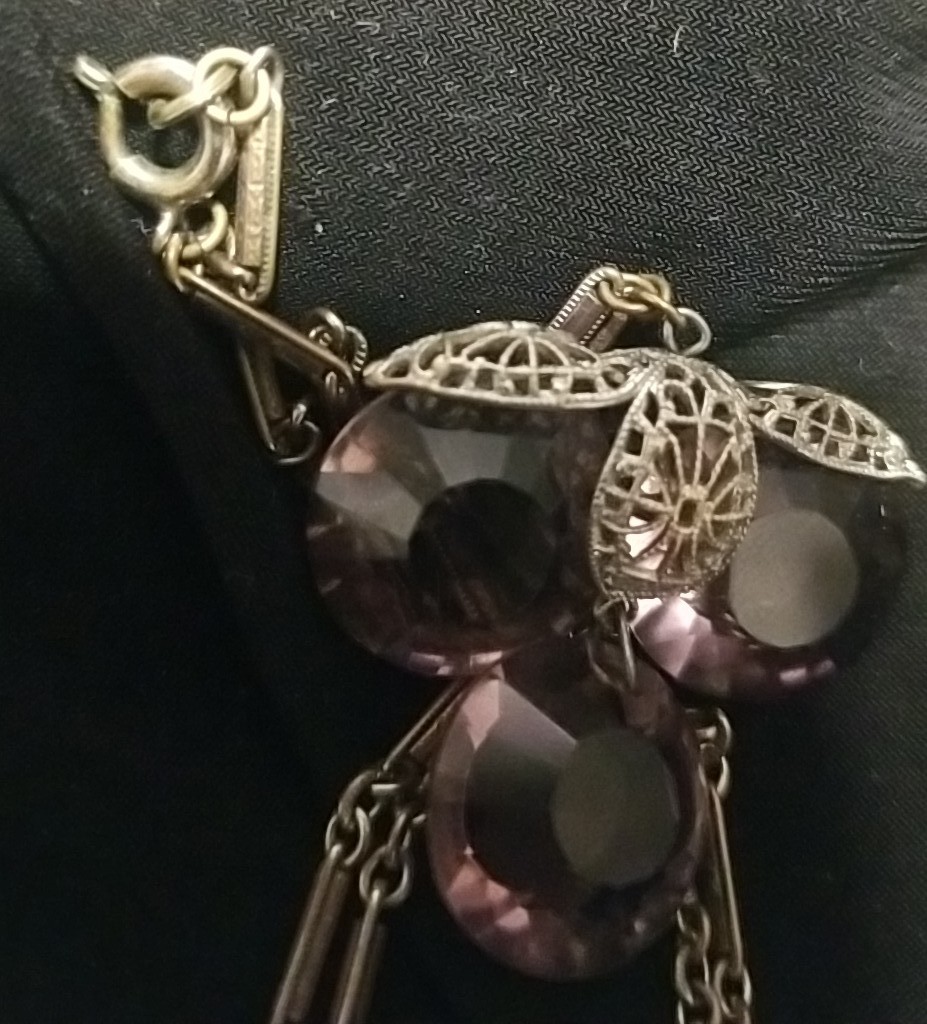 Art Deco Necklace, Purple Paste Glass, Silver & Brass Filigree, 18 Inch Chain