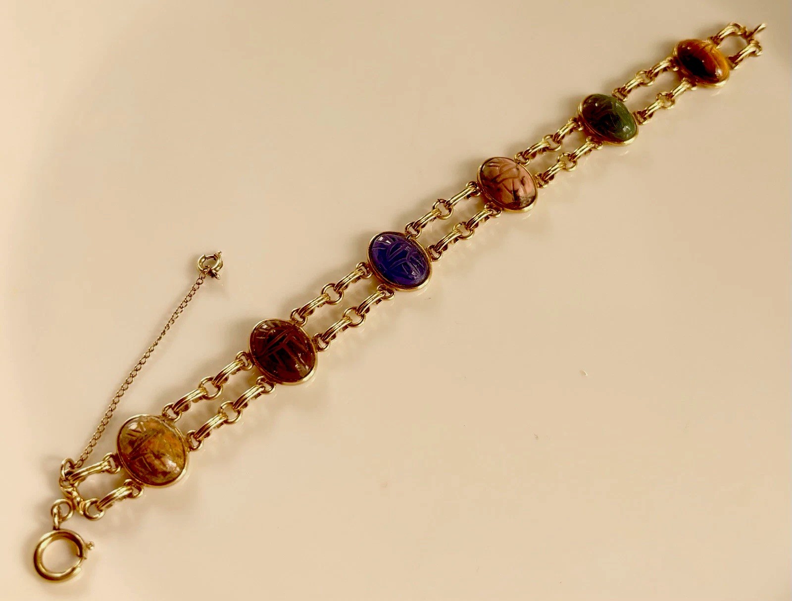 VINTAGE SCARAB DOUBLE LINK BRACELET~12 KT GF~7.5 IN.~1960’s