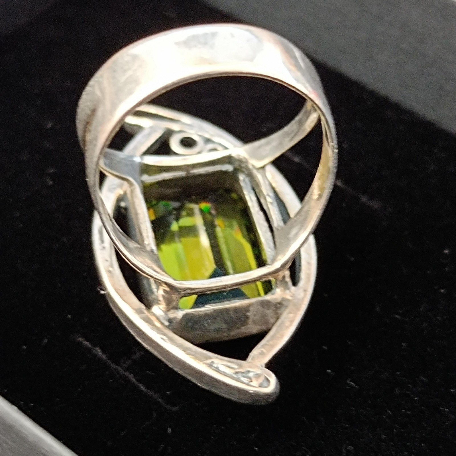 Modernist Statement Ring Sterling Silver Olive Green Stone Rolled Gold Cocktail