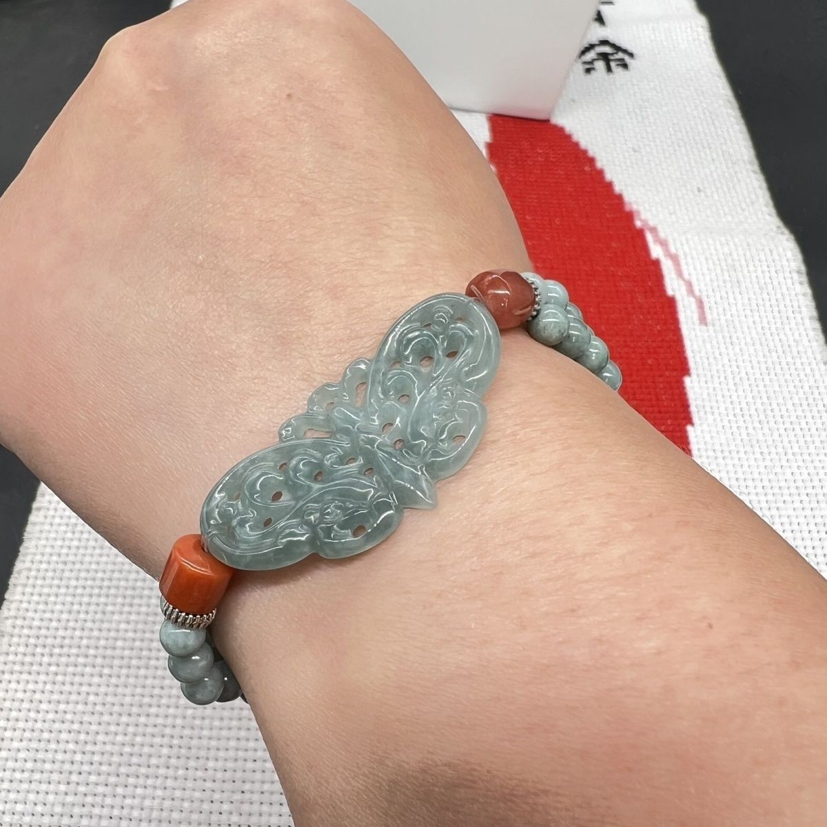 Natural A Jade Blue Water Butterfly Bracelet Chinese Style Hand Carved Jewelry